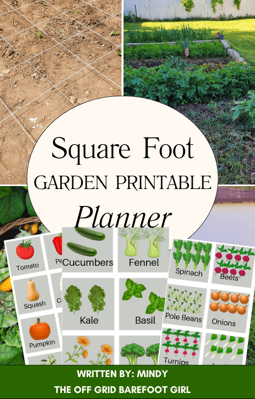 Image illustrates a square foot garden printable planner.