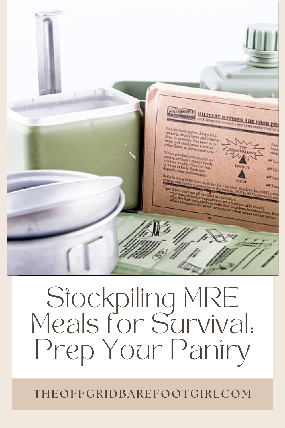 Image illustrates a Pinterest pin of MRE meals for survival.