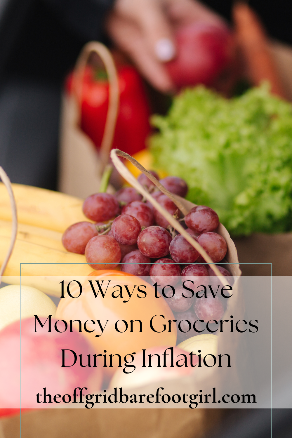 Image illustrates a Pinterest pin of ways to save money on groceries.