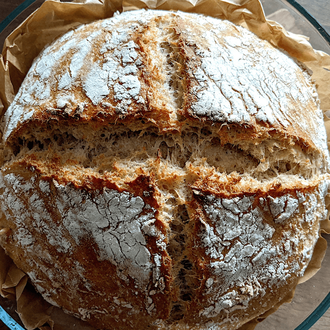 Image illustrates no knead rustic bread.