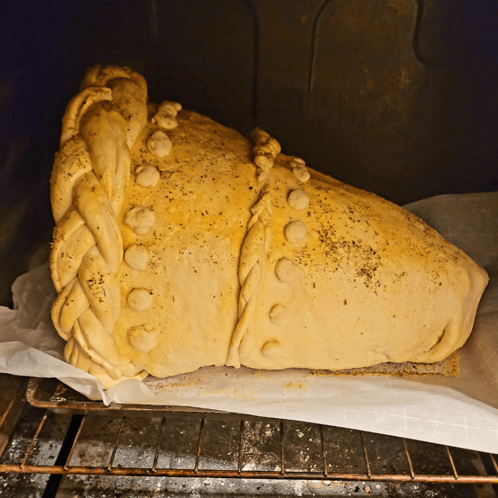 Image illustrates a breaded cornucopia for a Thanksgiving breaded cornucopia recipe. 
