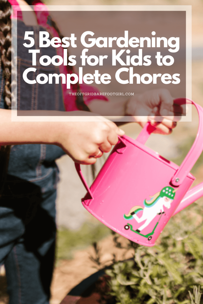 Image illustrates a Pinterest pin of gardening tools for kids.