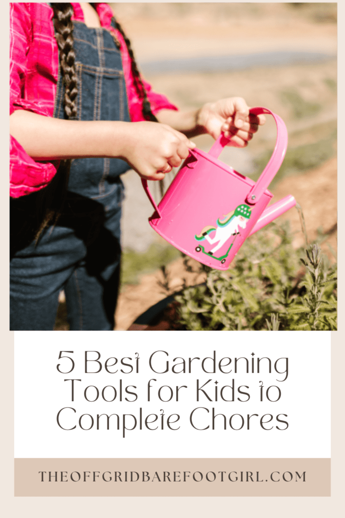 Image illustrates a Pinterest pin of gardening tools for kids.