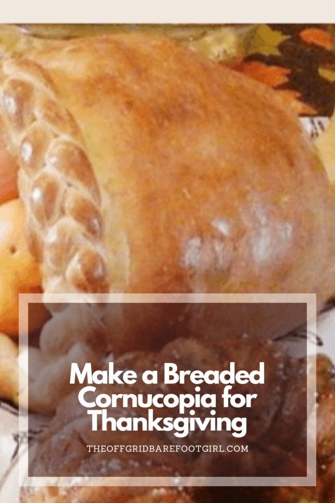 Image illustrates a Pinterest pin of a Thanksgiving breaded cornucopia.