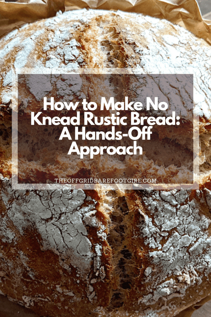 Image illustrates a Pinterest pin of no knead rustic bread.