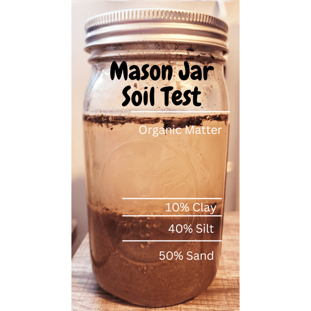 Image illustrates a Mason jar of water and garden soil for DIY garden soil tests you can perform with a Mason jar.