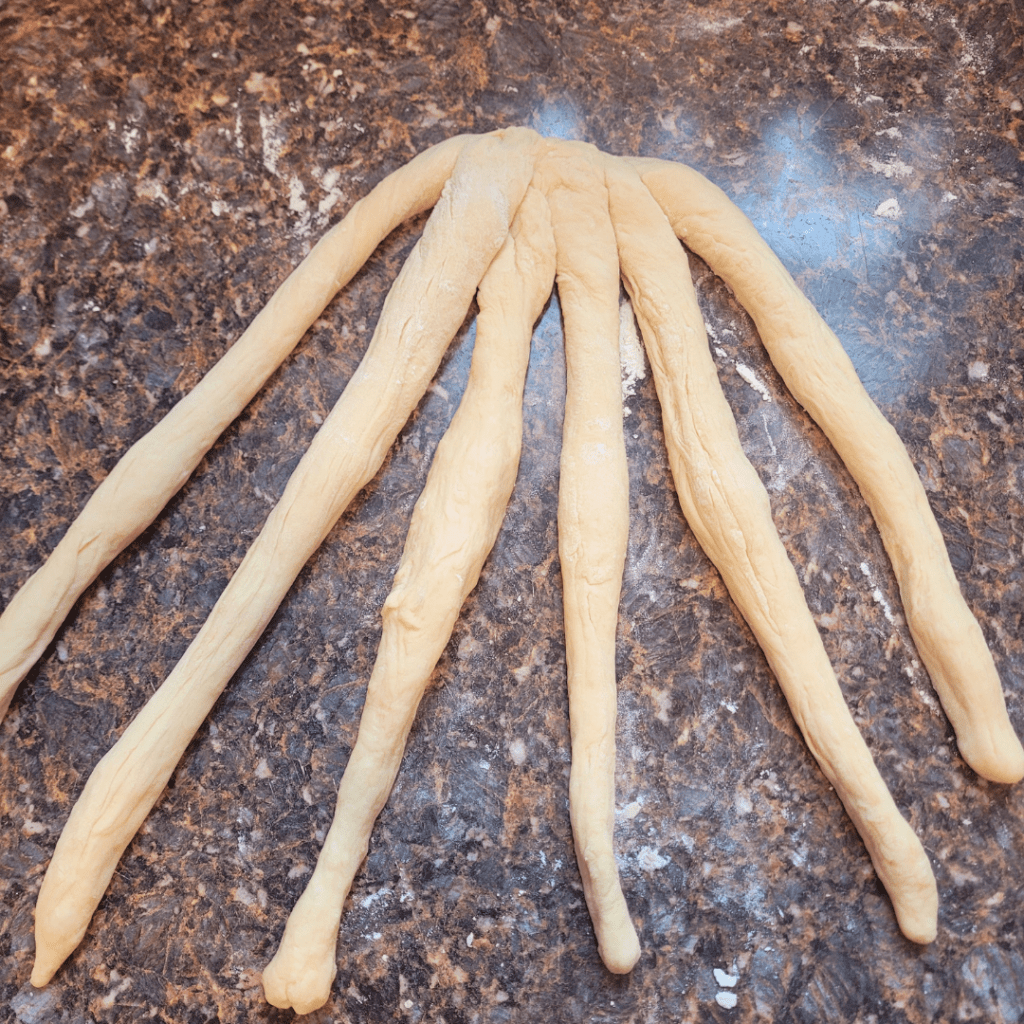 Image illustrates dough for a 6 braided challah bread recipe.