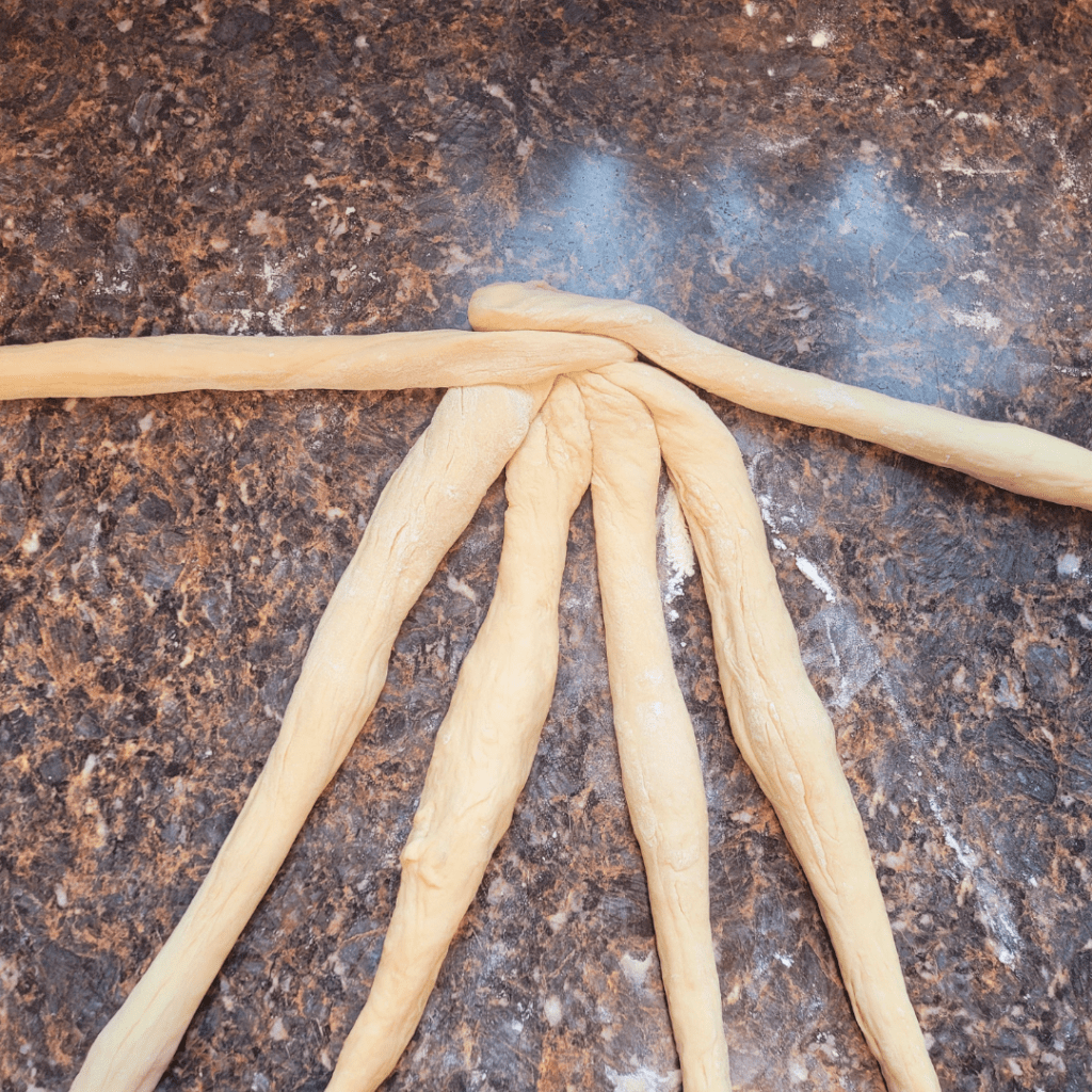 Image illustrates dough for a 6 braided challah bread recipe demonstrating how to braid a challah bread.