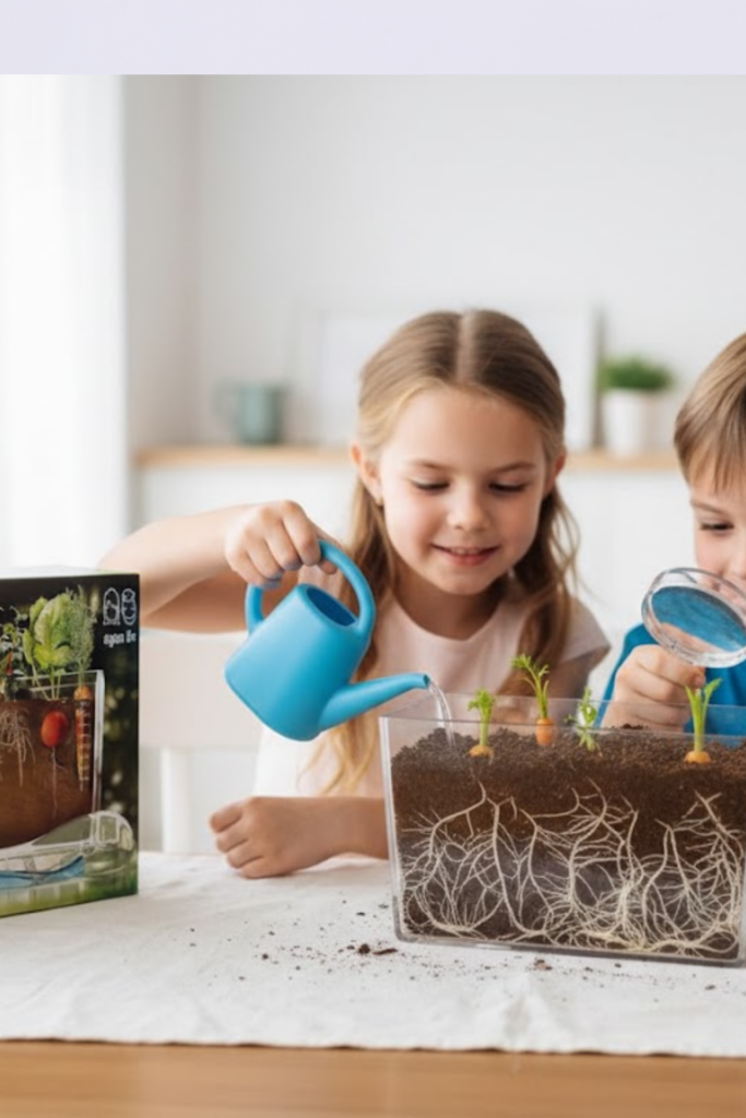 Image illustrates garden grow kits for kids.