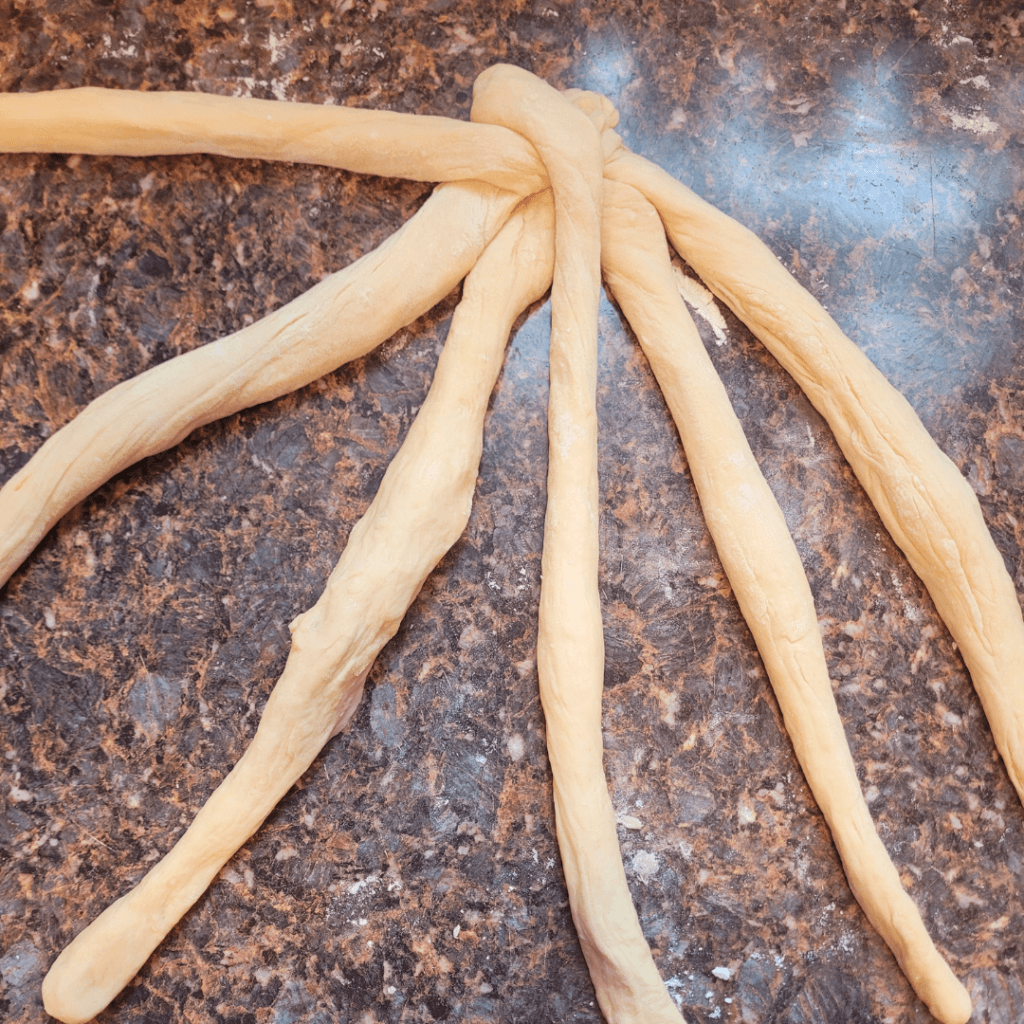 Image illustrates dough for a 6 braided challah bread recipe demonstrating how to braid a challah bread.