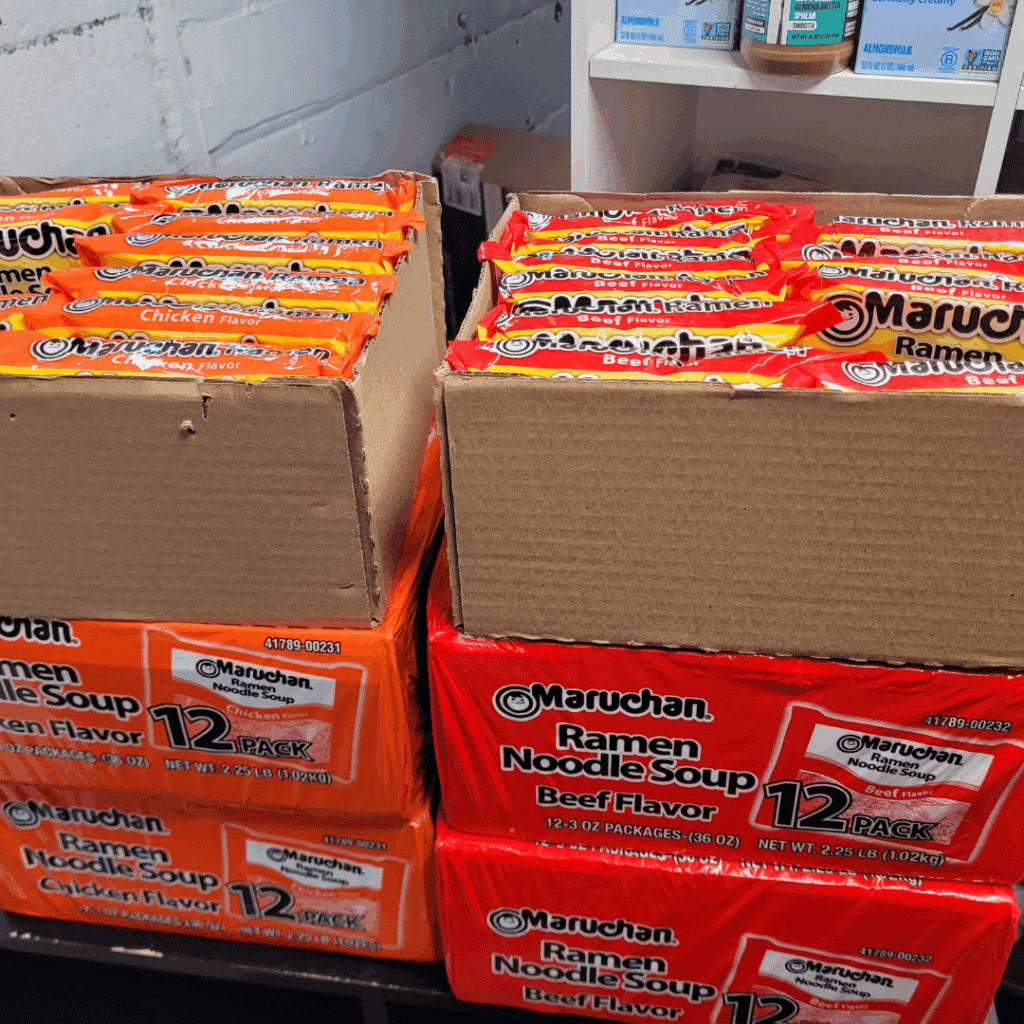 Image illustrates foods that last forever like ramen noodles.