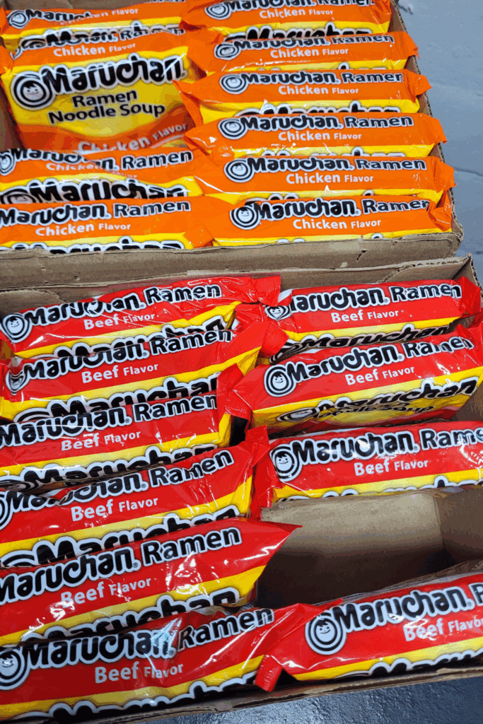 Image illustrates foods that last forever like ramen noodles.