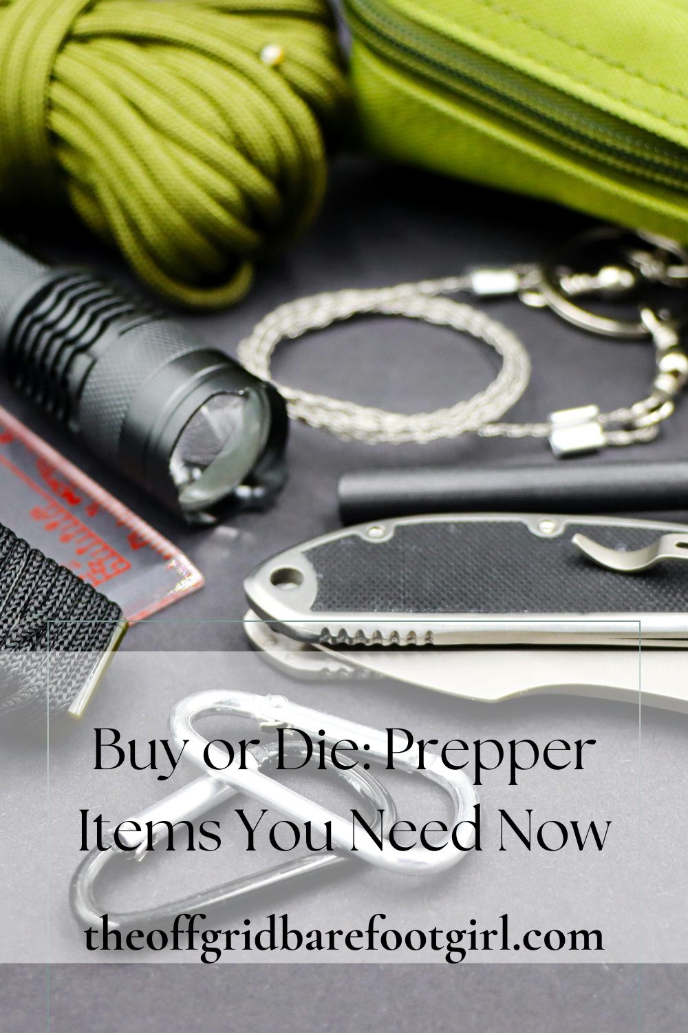 Image illustrates a Pinterest pin for prepper items. 