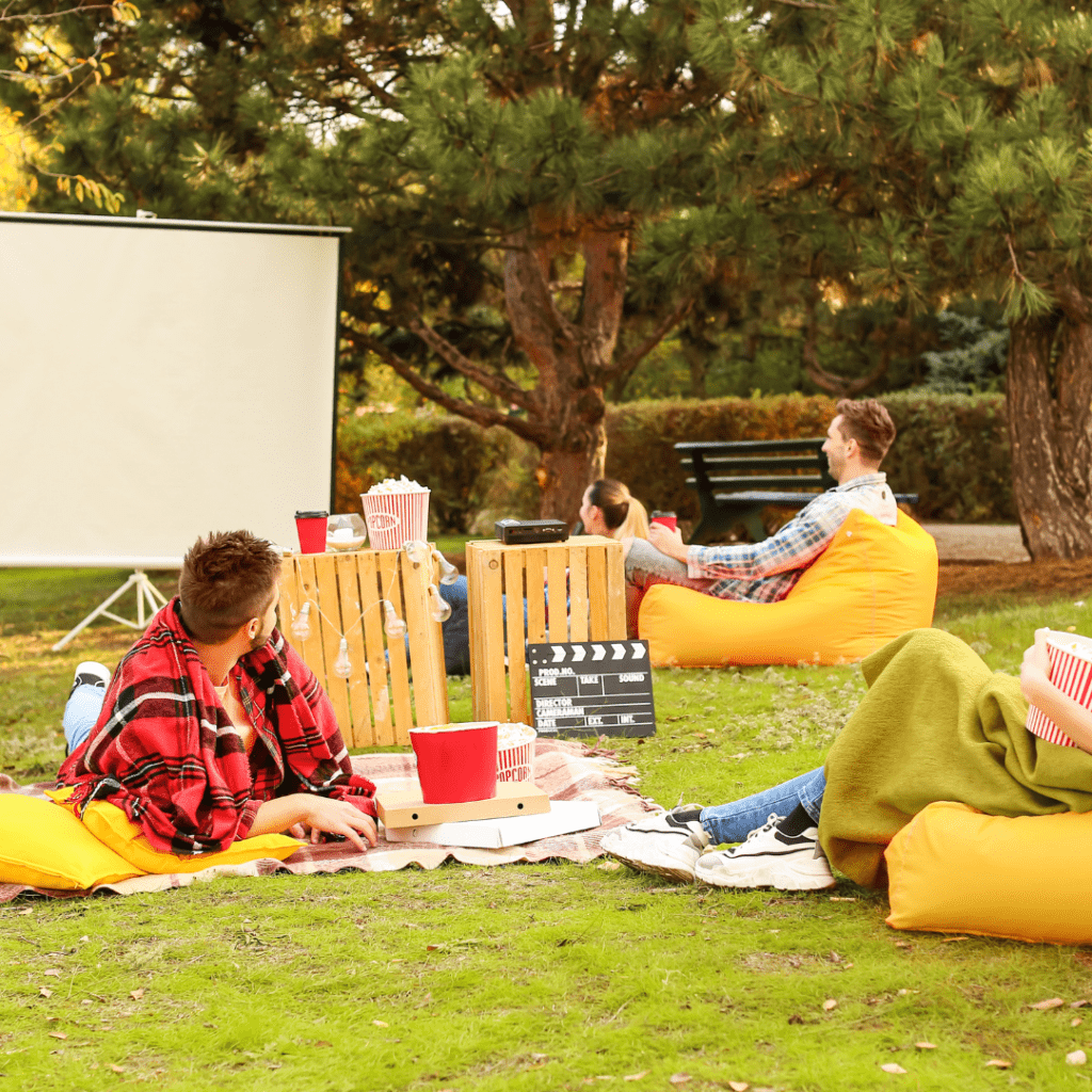 Image illustrates free summer boredom busters for kids like community movie nights. 