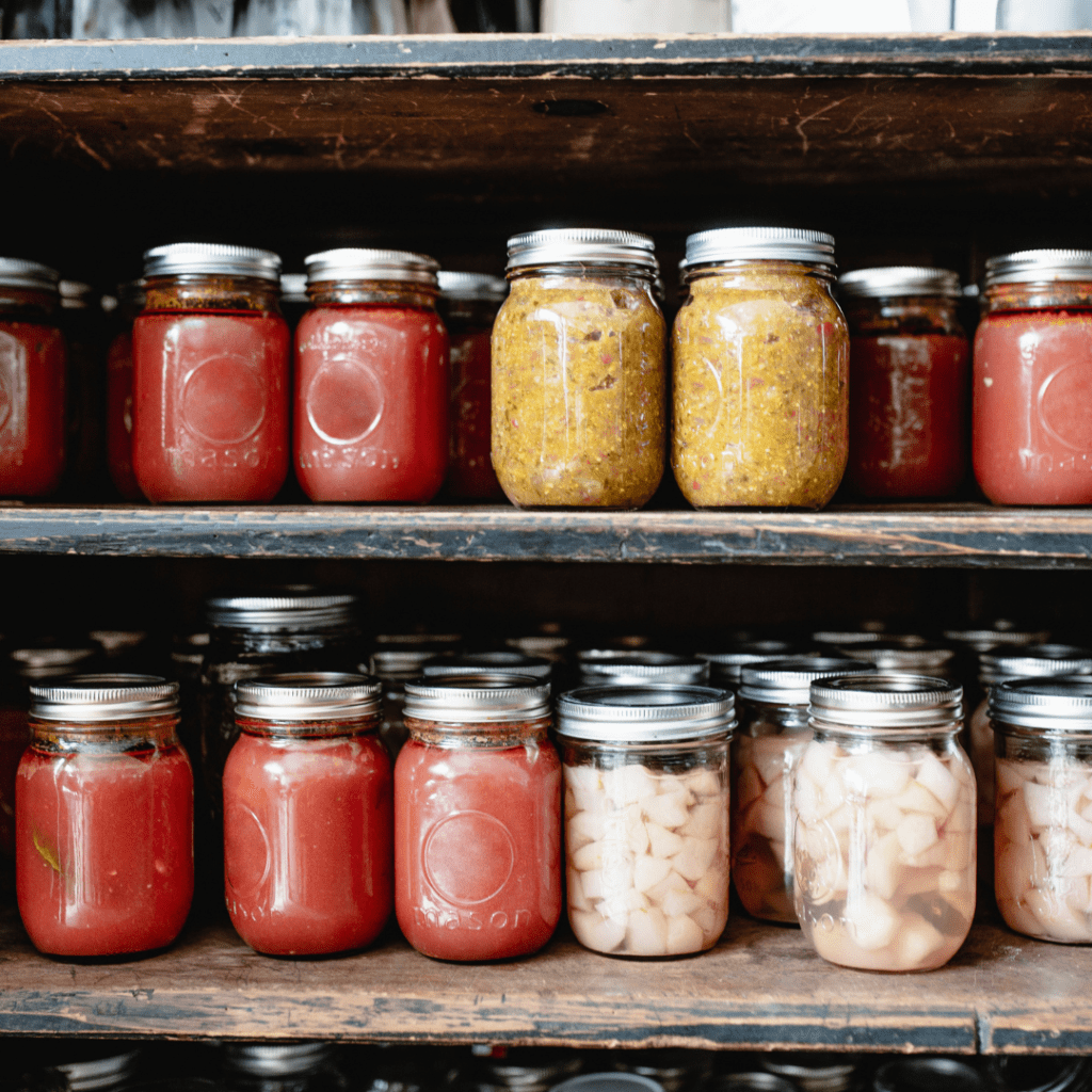 Image illustrates foods that last forever like home canned foods.