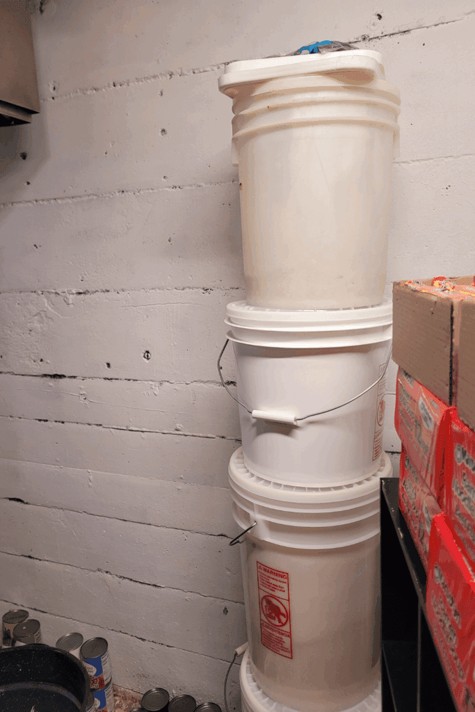 Image illustrates foods that last forever like food in buckets.