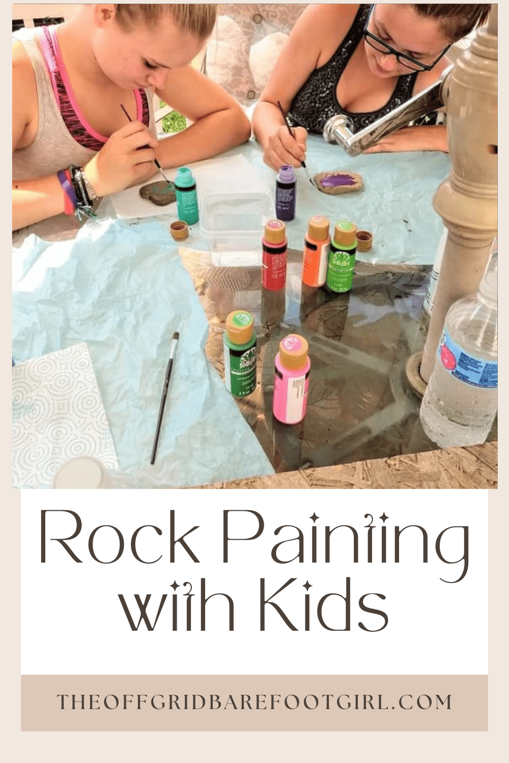 Image illustrates a Pinterest pin of rock painting with kids.