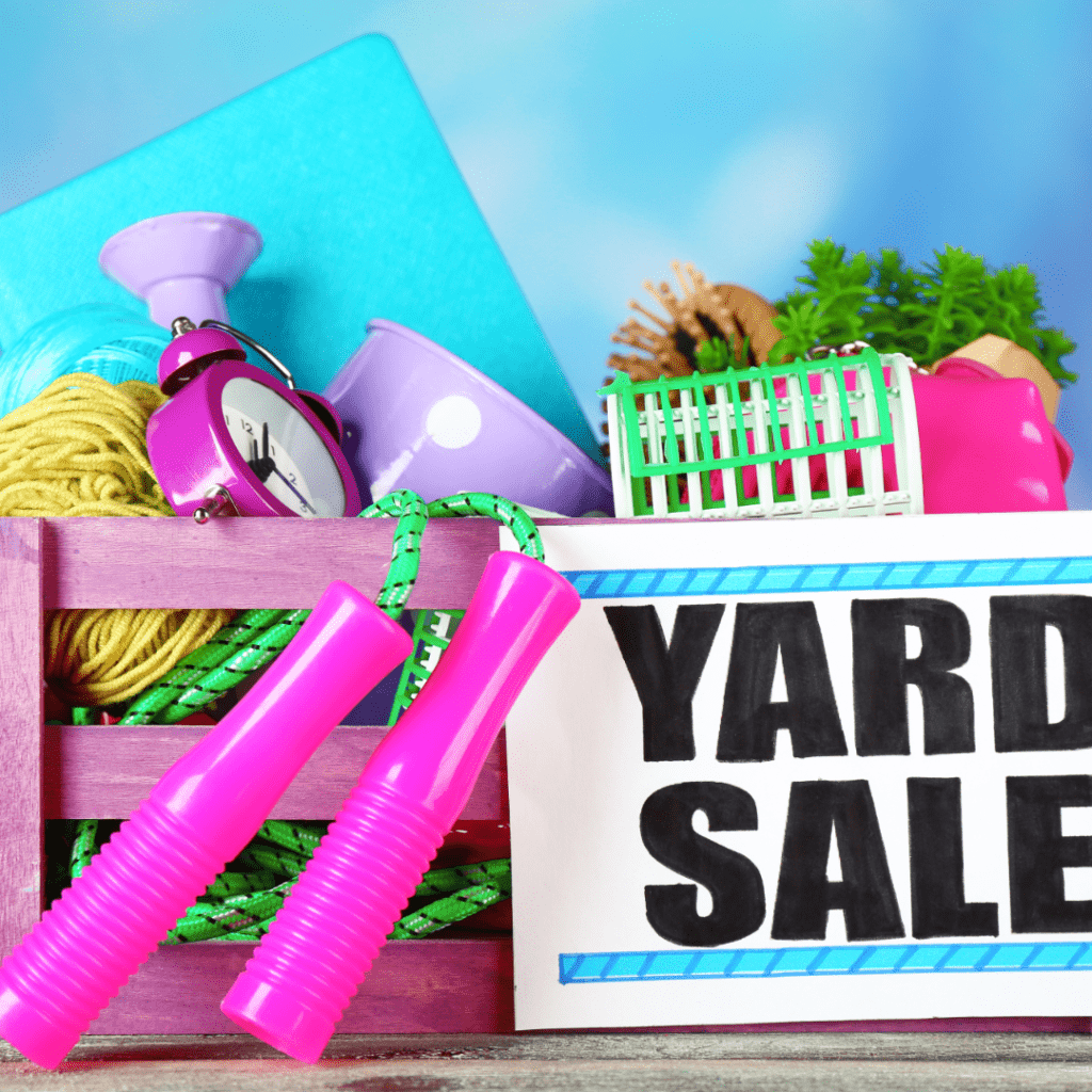 Image illustrates free summer boredom busters for kids like a yard sale. 