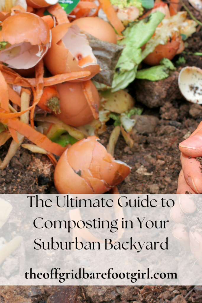 Image illustrates a Pinterest pin for a compost bin demonstrating composting in your suburban backyard. 