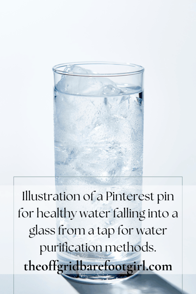 Illustration of a Pinterest pin for healthy water falling into a glass from a tap for water purification methods.