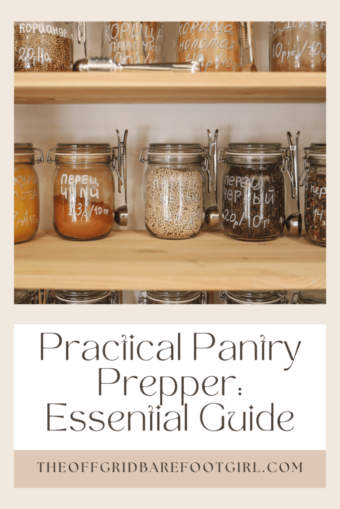 Image illustrates a Pinterest Pin for a pantry for a practical pantry prepper. 