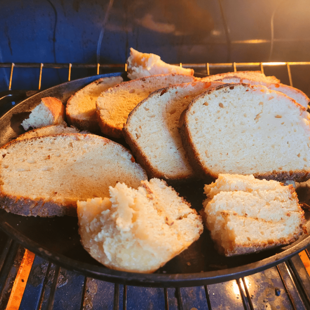 Image illustrates stale bread for turning stale bread into breadcrumb by drying out in the oven. 