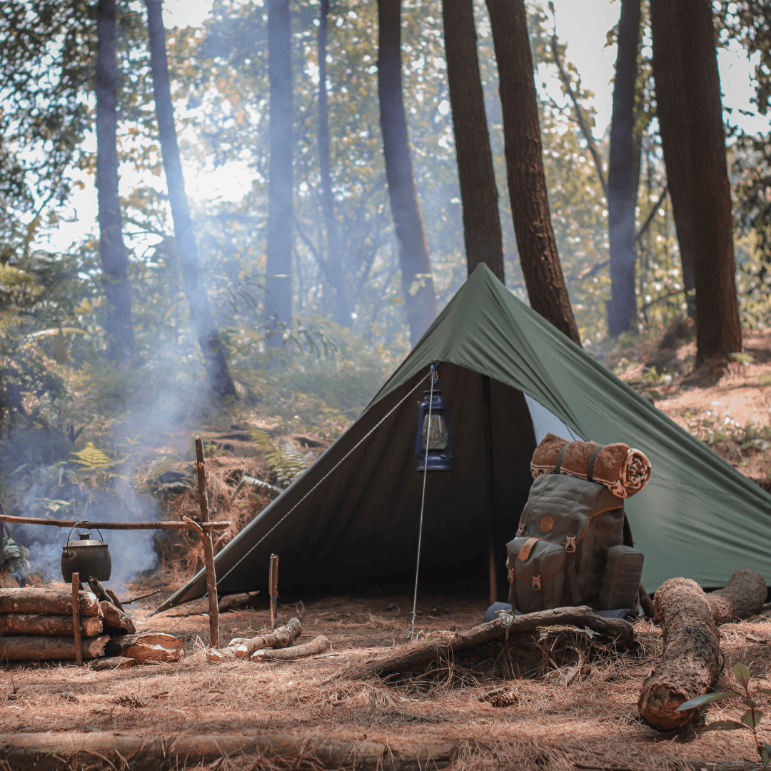 Image illustrates a campsite for wilderness survival skills.