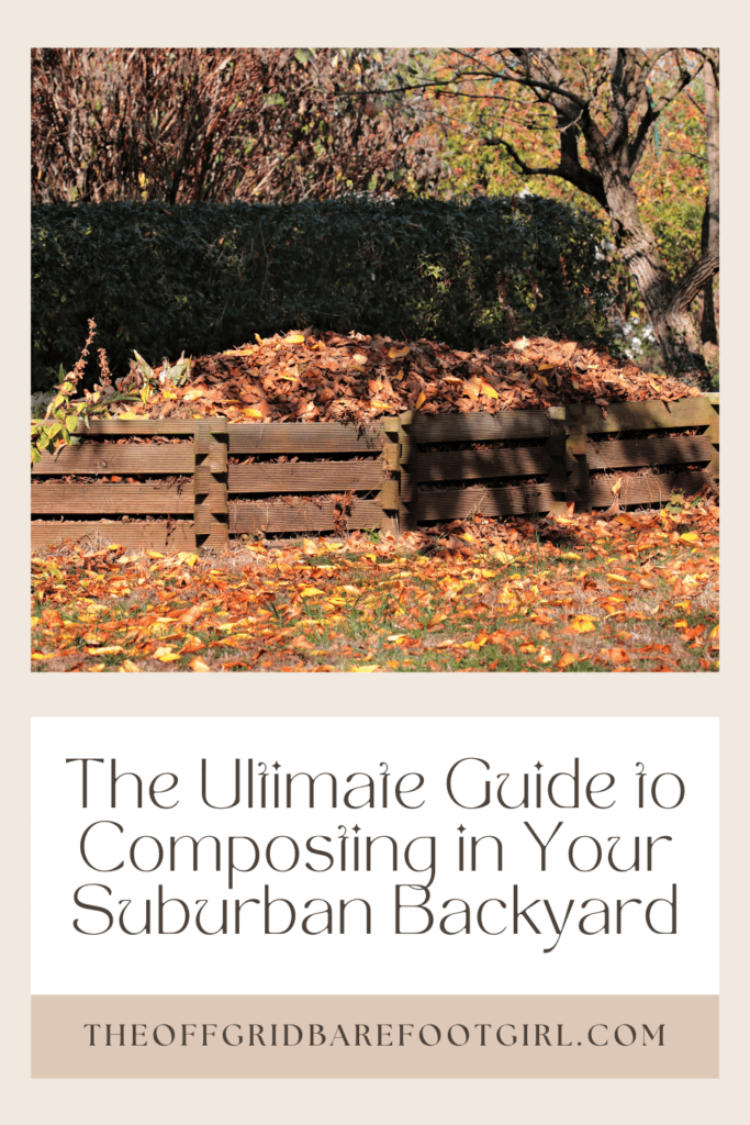 Image illustrates a Pinterest pin for a compost bin demonstrating composting in your suburban backyard. 