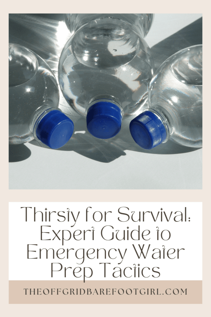 Image illustrates a Pinterest pin demonstrating emergency water prep tactics. 