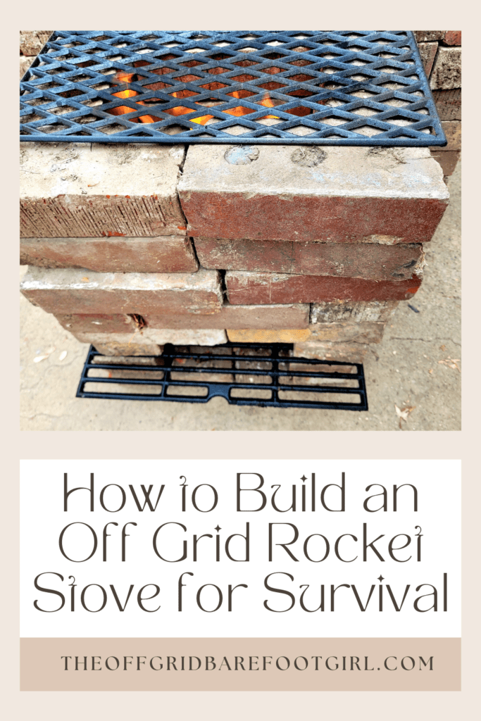 Image illustrates a Pinterest pin for an off-grid rocket stove. 