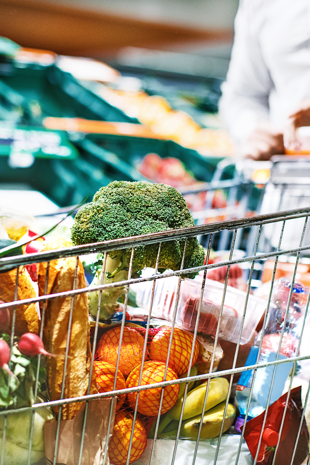 Image illustrates a grocery cart for grocery shopping once a month. 