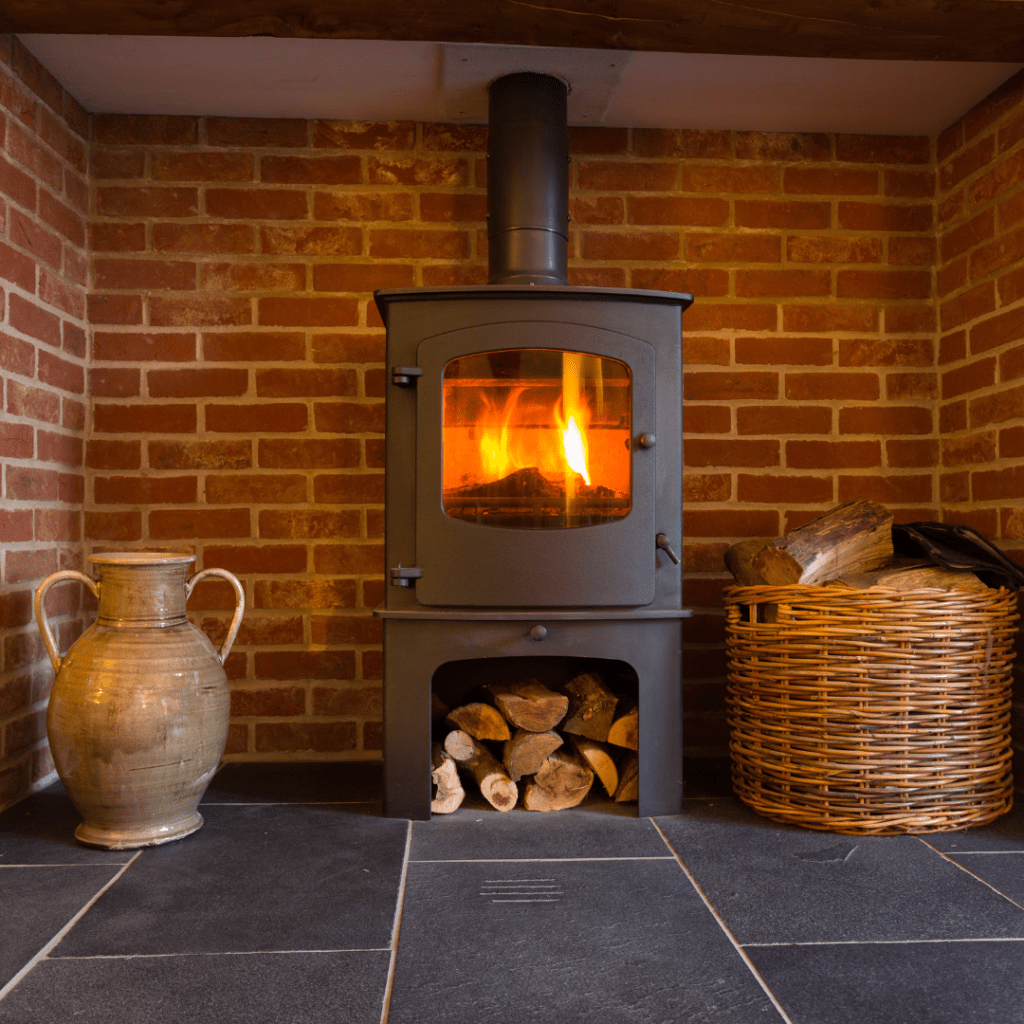 Image illustrates a wood-burning stove. 