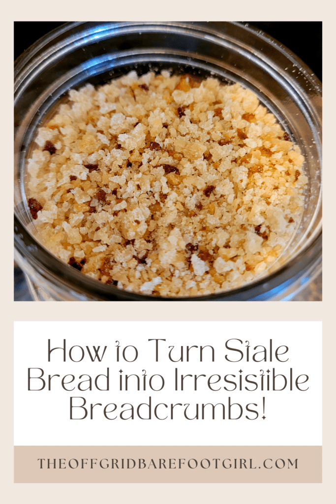 Image illustrates a Pinterest pin for homemade breadcrumbs. 