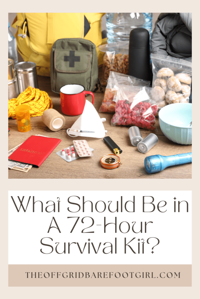 Image illustrates a Pinterest pin for a 72-hour survival kit. 