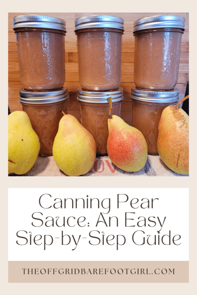 Image illustrates a Pinterest pin of canned pear sauce for a canning pear sauce recipe.