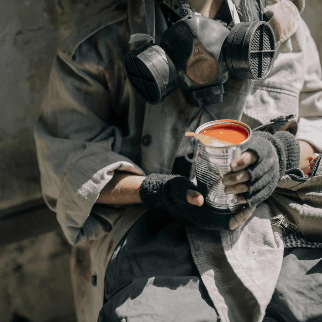 Image illustrates a prepper with a can of food demonstrating a SHTF prepper's pantry to apocalypse-proof your food supply.