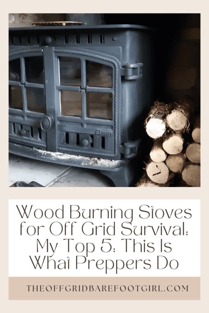 Image illustrates a Pinterest pin of a wood-burning stove. 