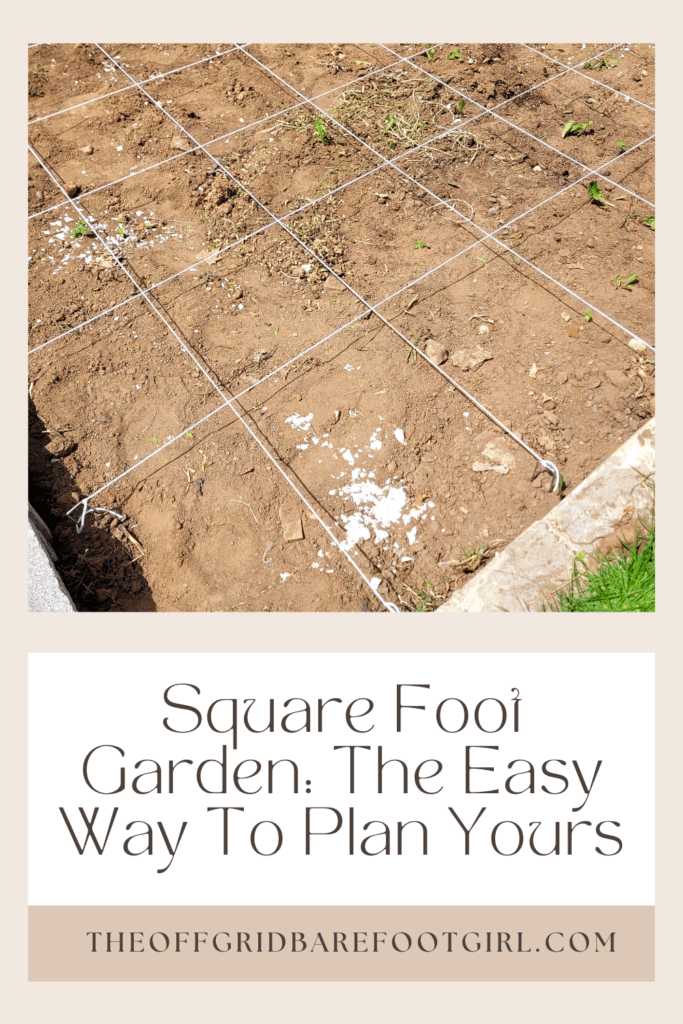Image illustrates a Pinterest pin for a square foot garden. 