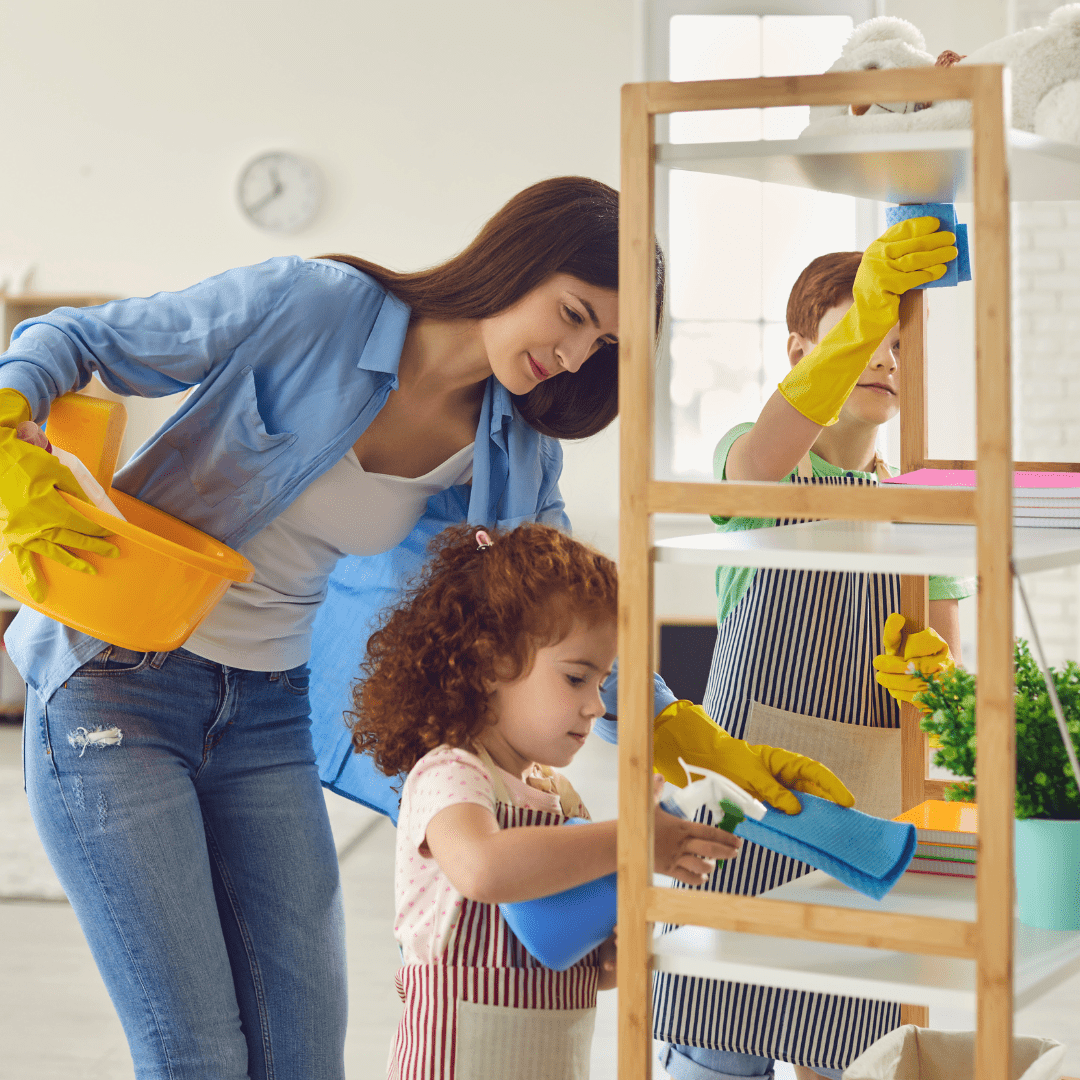 Image illustrates homemakers cleaning demonstrating the pleasures and joys of homemaking.