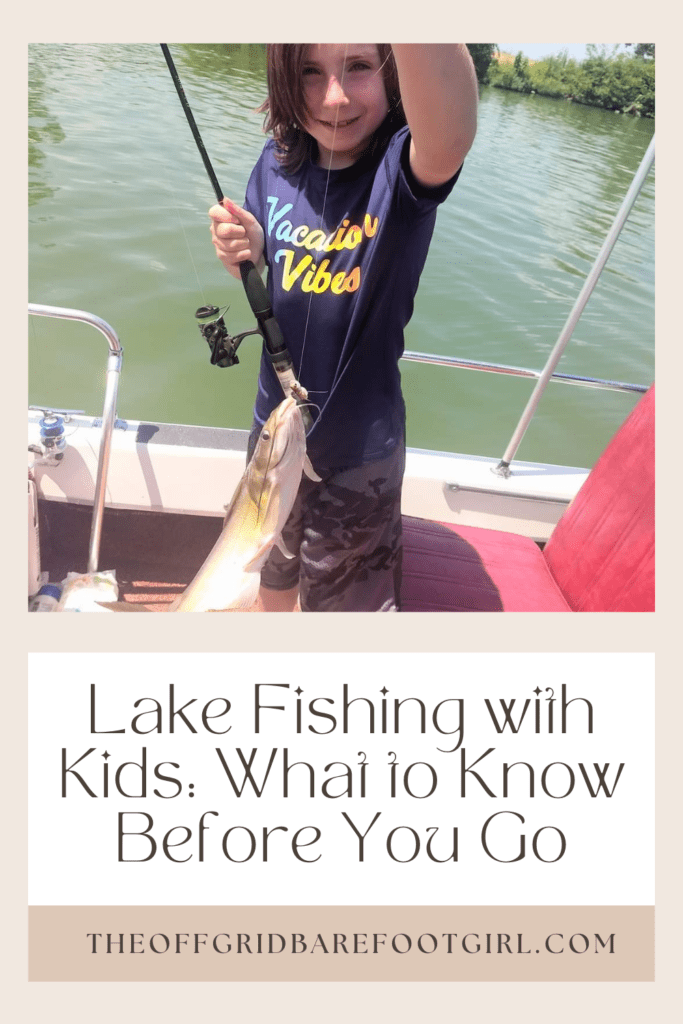 Image illustrates a Pinterest pin for lake fishing with kids.