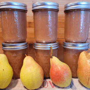 Image illustrates pear sauce for a canning pear sauce recipe.