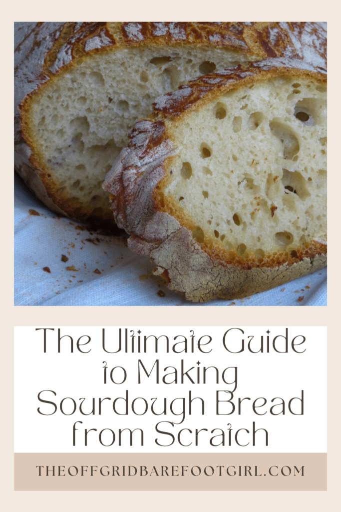 Image illustrates a Pinterest pin of sourdough bread for a sourdough bread recipe tutorial. 