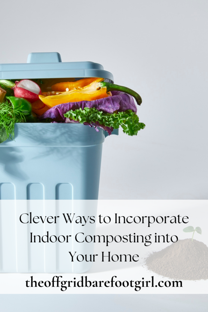 Image illustrates a Pinterest pin for indoor composting.