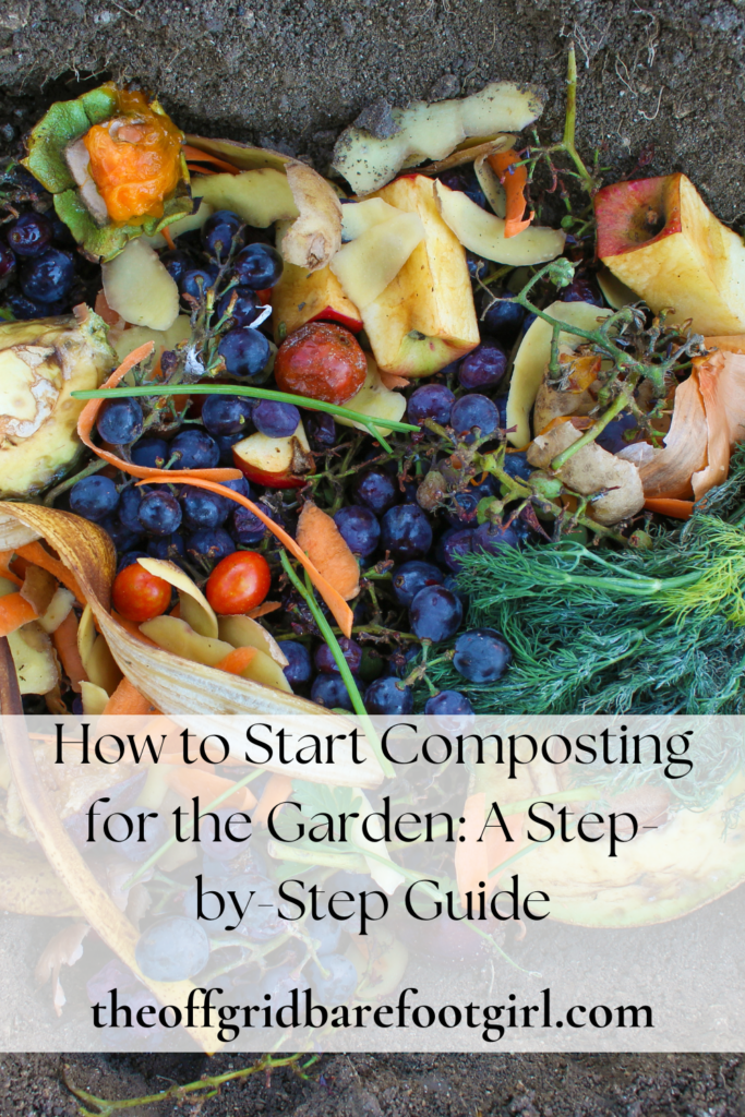 Image illustrates a Pinterest pin demonstrating how to do composting for the garden. 