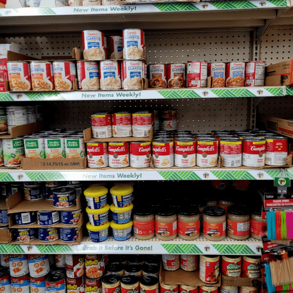 Image illustrates canned foods for Dollar Tree survival items.