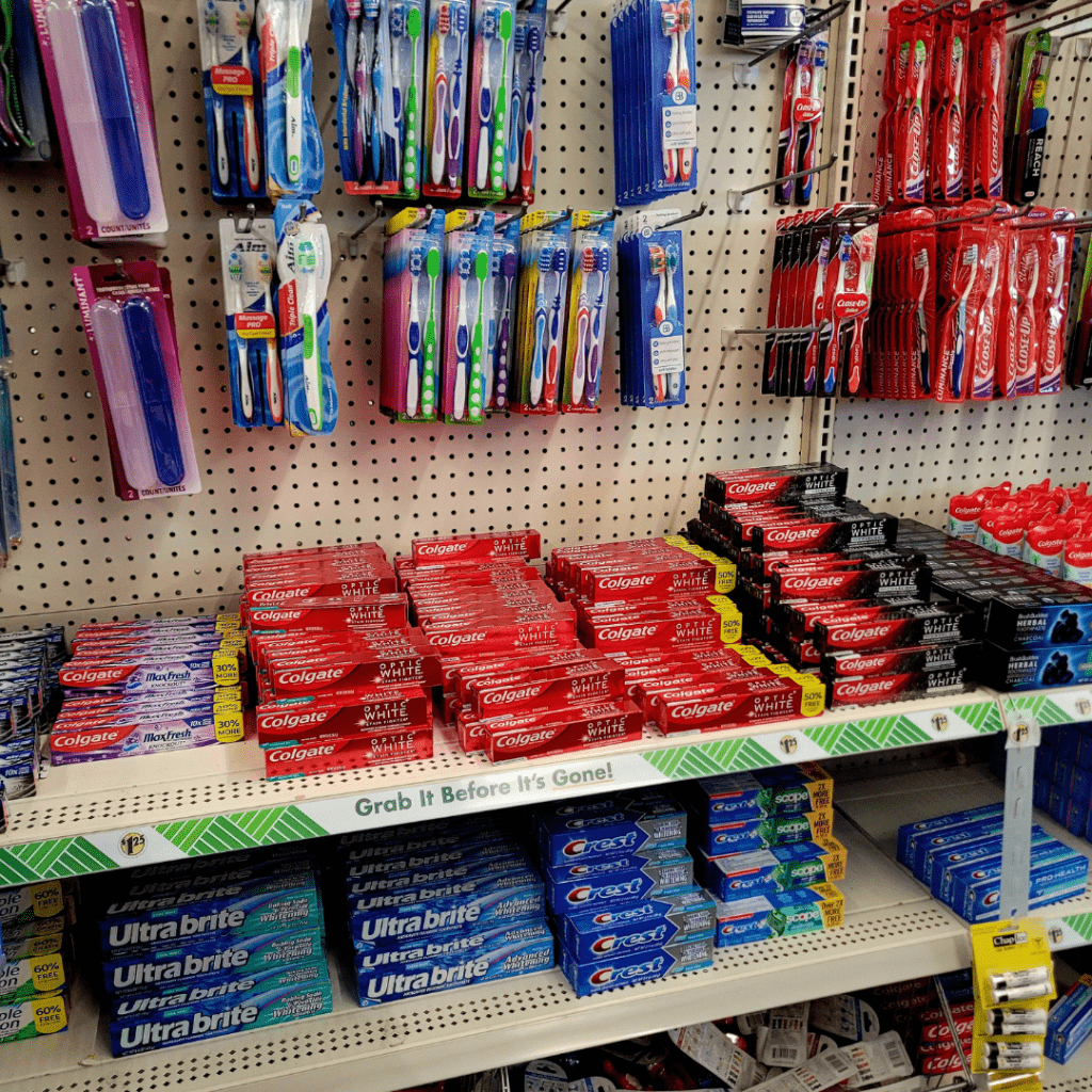 Image illustrates oral care products for Dollar Tree survival items.