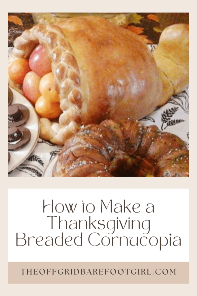 Image illustrates a Pinterest pin showcasing a Thanksgiving breaded cornucopia recipe. 