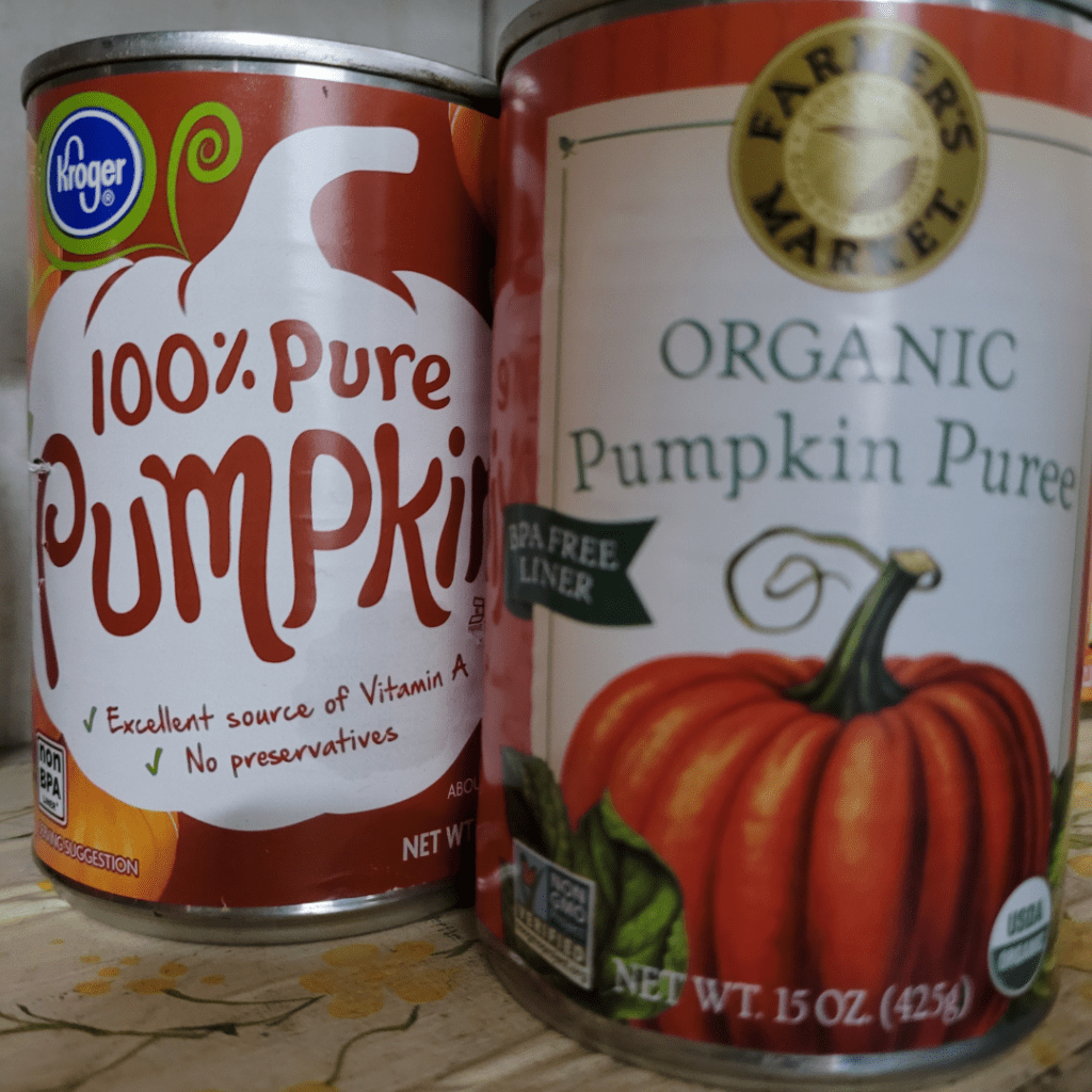 Image illustrates a canned pumpkin puree for a pumpkin bread recipe.