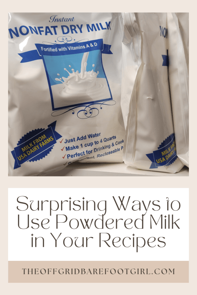 Image illustrates a Pinterest pin of powdered milk for powdered milk uses in your recipes. 