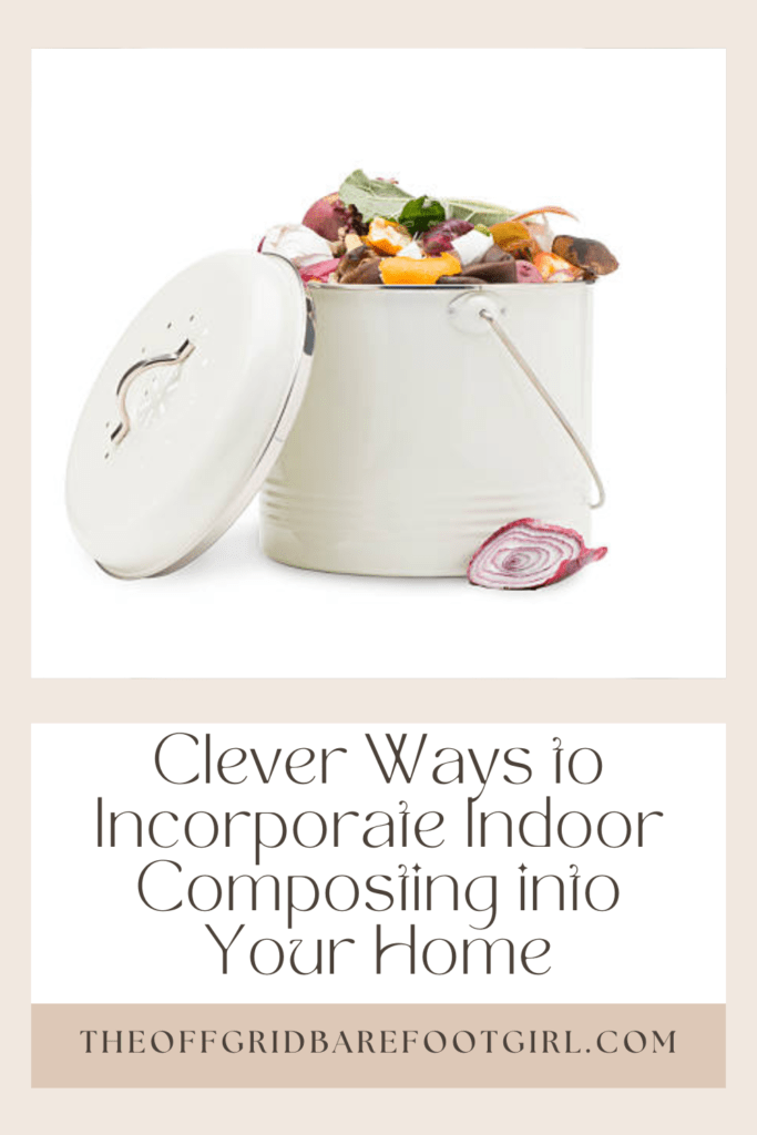 Image illustrates a Pinterest pin for indoor composting. 